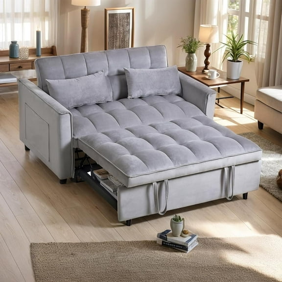 Pull Out Loveseat Sleeper, Convertible Sleeper Sofa Bed, Pull Out Bed Couch, 3 in 1 Velvet Futon Sofa, Love Seat Couches for Living Room Apartment, Chair Bed Sleepers for Adults, Grey