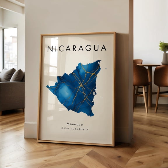 Nicaragua Map PRINTED Poster Blue and Gold North America Geography Gift Wallpaper
