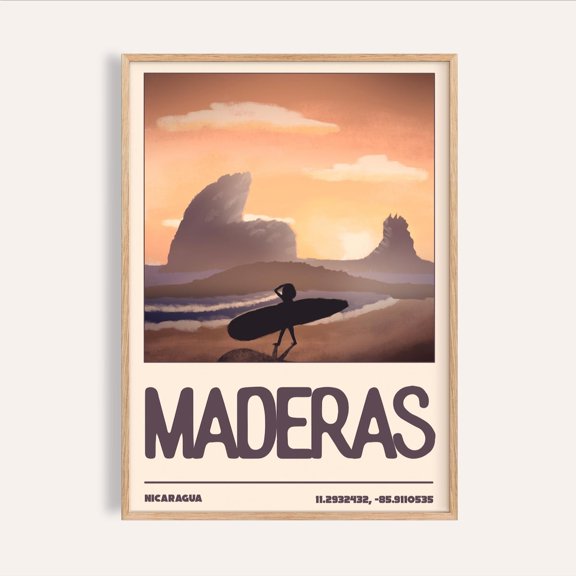 Nicaragua Surfer Wall Art, Maderas Beach, Minimalist Coastal Poster (Orange Gradient) Unframed Paper Print