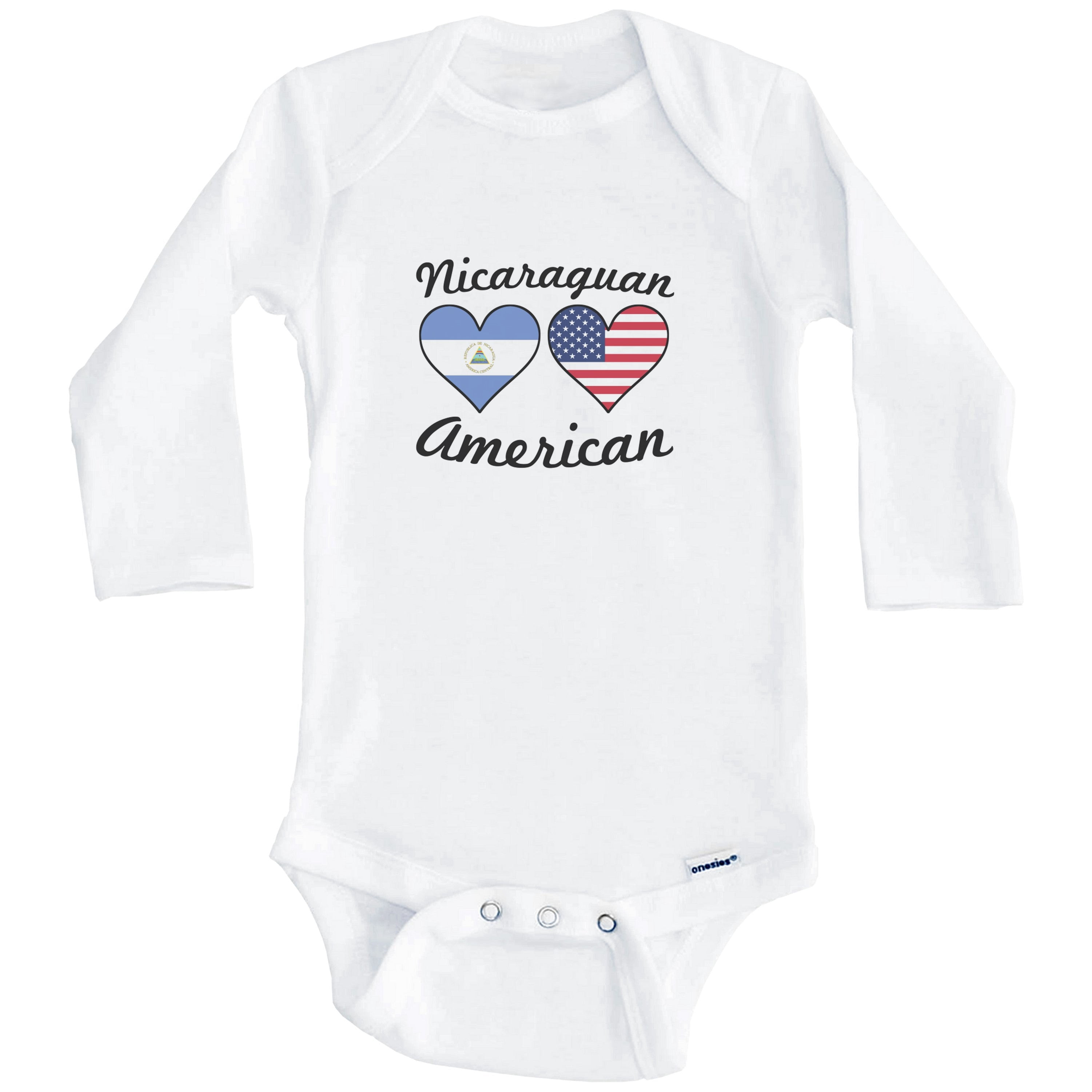 Nicaraguan American Flag Hearts Nicaragua One Piece Baby Bodysuit (Long Sleeve), 0-3 Months White