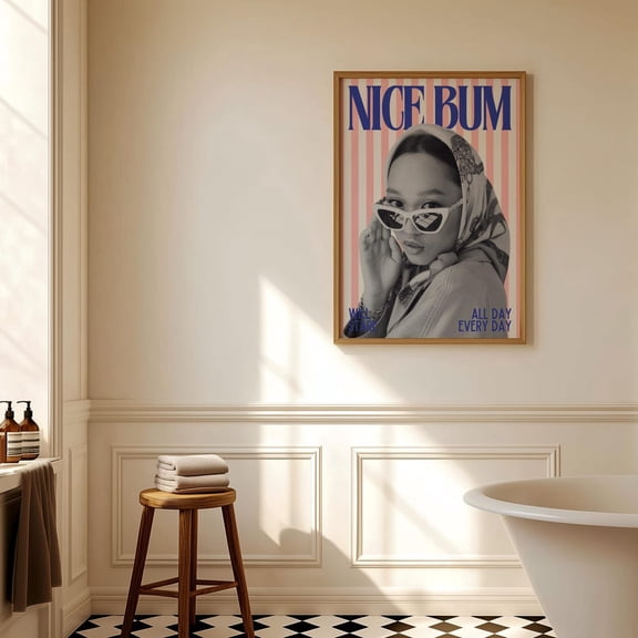 Nice Bum Art Print, Bathroom Art, Retro Magazine Wall Art Trendy Poster, Pink Dorm Room Art, Stripe Wall Decor, Tet Print #34, Unframed Canvas Size 8x12