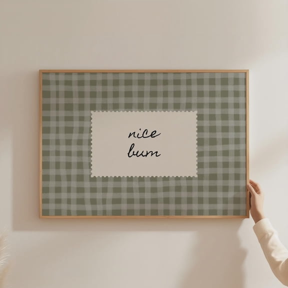 Nice Bum Gingham Wall Art Funny Bathroom Print, Stretched Canvas Size 16x24