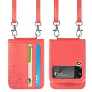 Nice Butterfly Case for 2021 Samsung Galaxy Z Flip 3 5G 6.7-Inch Android Cell Phone - Lightweight Slim Synthetic Leather Case with Removal Adjustable Shoulder Strap & Card Holders Red