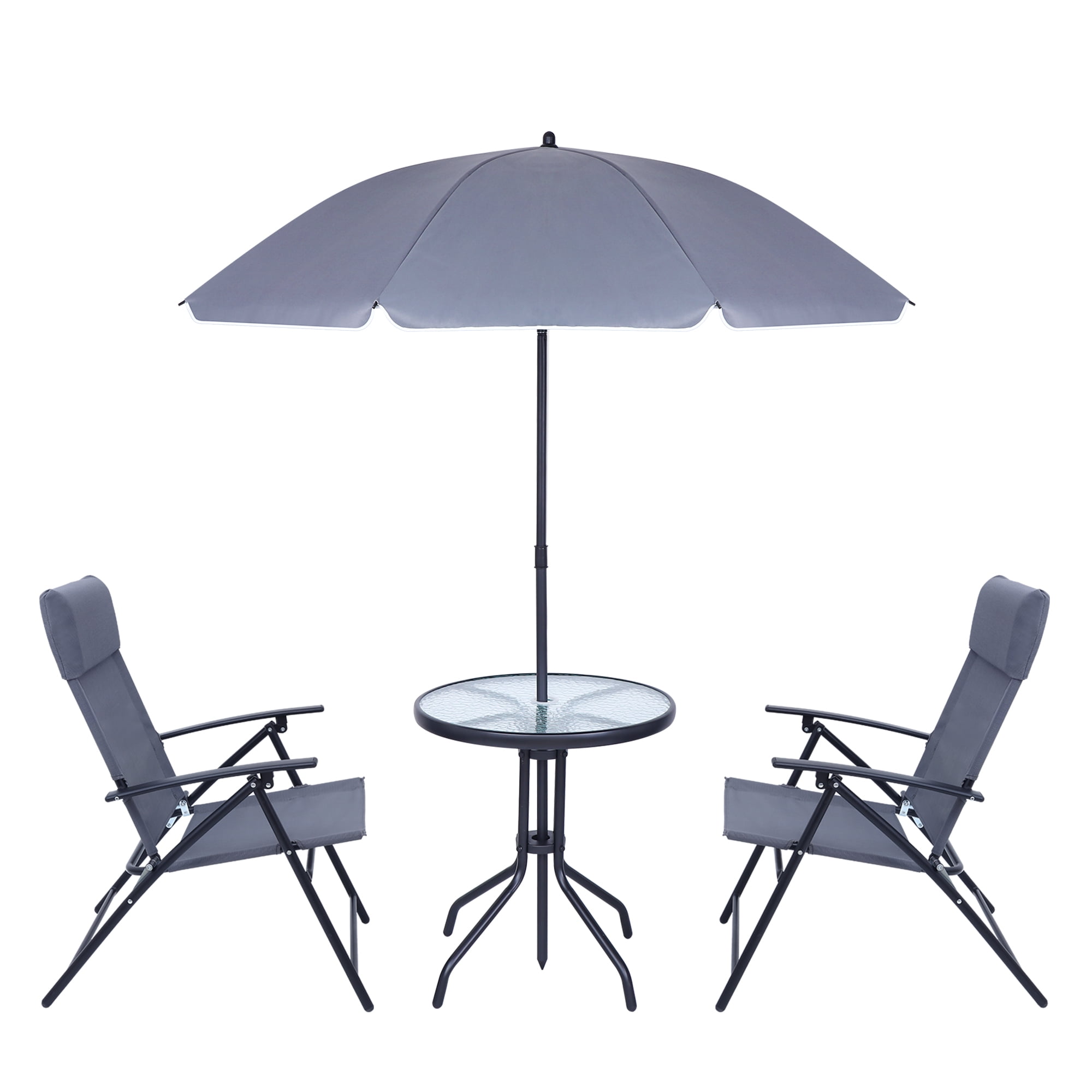 Gray 4-Piece Steel Patio Dining Set with Umbrella and Glass Table