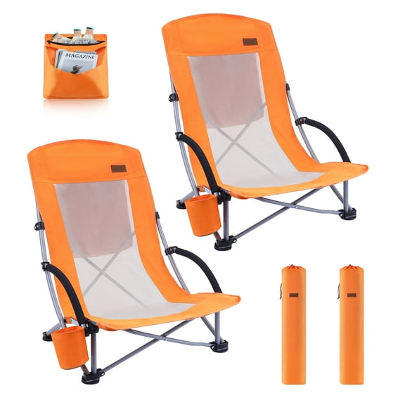 Nice C Beach Camping Folding Chair w/Cooler High Back, Ultralight Chair with Cup Holder & Carry Bag Compact & Heavy Duty Outdoor, Camping, BBQ, Beach, Travel, Picnic, Festival (Set of 2 Orange)