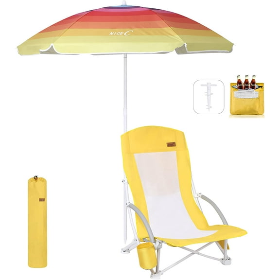 Nice C Beach Chair, Beach Chairs for Adults with Umbrella and Cooler, High Back, Cup Holder & Carry Bag & Heavy Duty Compact Outdoor, Camping (One Yellow)