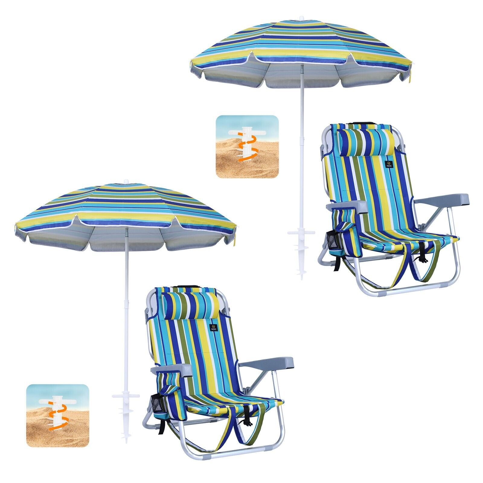 Striped Blue and Green Outdoor Beach Chair Set with Umbrella and Cooler, 2-Pack