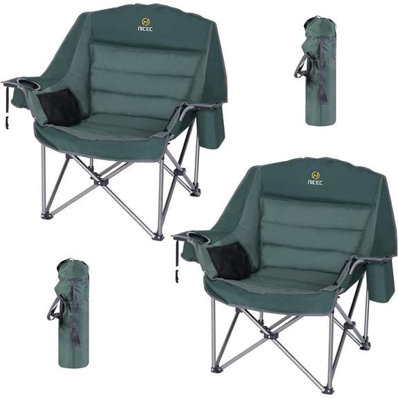 Nice C Camping Chairs, Oversized XL Padded Camping Chair, Outdoor Chair, Camp Chair, Lounge Chair, Wide&Thick, Heavy Duty 400lb, Carry Bag, Cupholder & Cooler (Two Green)