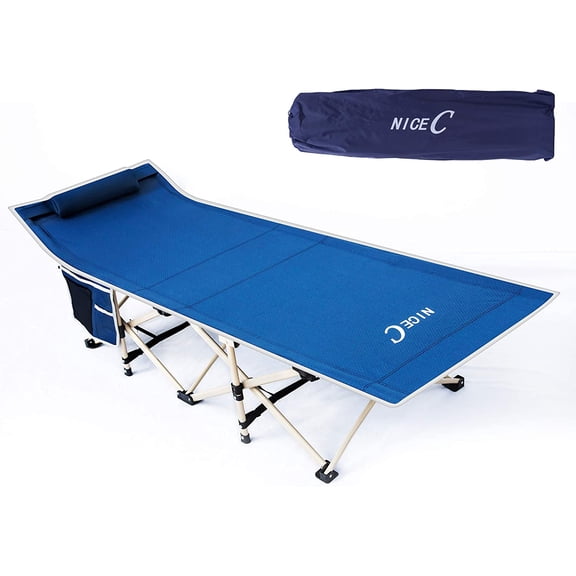 Nice C Camping Cots, Cots for Adults, Folding Cot, with Pillow, Carry Bag & Storage Pocket, Extra Wide Sturdy, Holds Up to 500 Lbs (1, Blue)