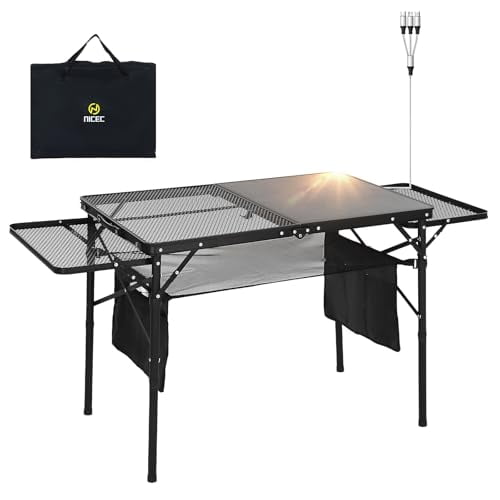 Nice C Camping Table, Grill Table, Tailgate Tables, Solar Panel Tables with USB, Type-C&DC Charging Cable, 42W Portable Solar Charger, 2 Side Shelves, Height Adjustable with Mesh N