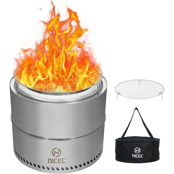 Nice C Fire Pits, 19.1 Inch Smokeless Fire Pits, Portable Fire Pit, Outdoor Fire Pit, Tabletop Fire Pit, Wood Buring Fireplaces, Stainless Steel, with Grill Grate, Removable Ash Tray & Carry Bag