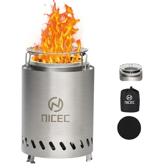 Nice C Fire Pits, 7.1 Inch Smokeless Fire Pits, Portable Fire Pit, Outdoor Fire Pit, Tabletop Fire Pit, Wood Buring Fireplaces, Stainless Steel, with Grill Grate, Removable Ash Tray & Carry Bag