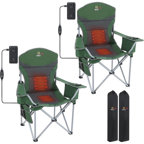 Nice C Heated Camping Chair with Battery, Heated Outdoor Sports Chair, Folding Chairs, with Cooler Bag, Cup Holder, Carry Bag, 10000 mAh Power Bank Included (Green&Grey, Set of 2)