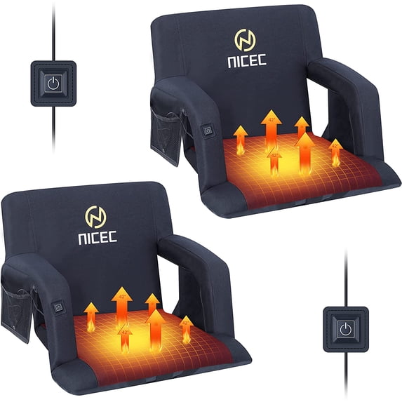 Nice C Heated Stadium Seats, Bleacher Chairs, 5 Reclining Positions Waterproof Cushion, Upgraded Ultralight, Foldable, Extra Thick Padding, with Shoulder Straps & Net Pockets(Pair Black,NO POWER BANK)