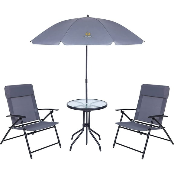 Nice C Patio Set with Umbrella, Outdoor Dining Set, Patio Furniture Set, Patio Table Chair with Umbrella, Table and Chairs, 4-Piece Garden Furniture Set, Glass Table, 2 Folding Chairs&Umbrella (Grey)