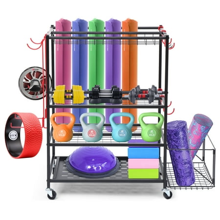 Sports Equipment Storage Organizer, Garage Storage System, Ball Storage Rack, Yoga Mat Storage with Hooks and Basket