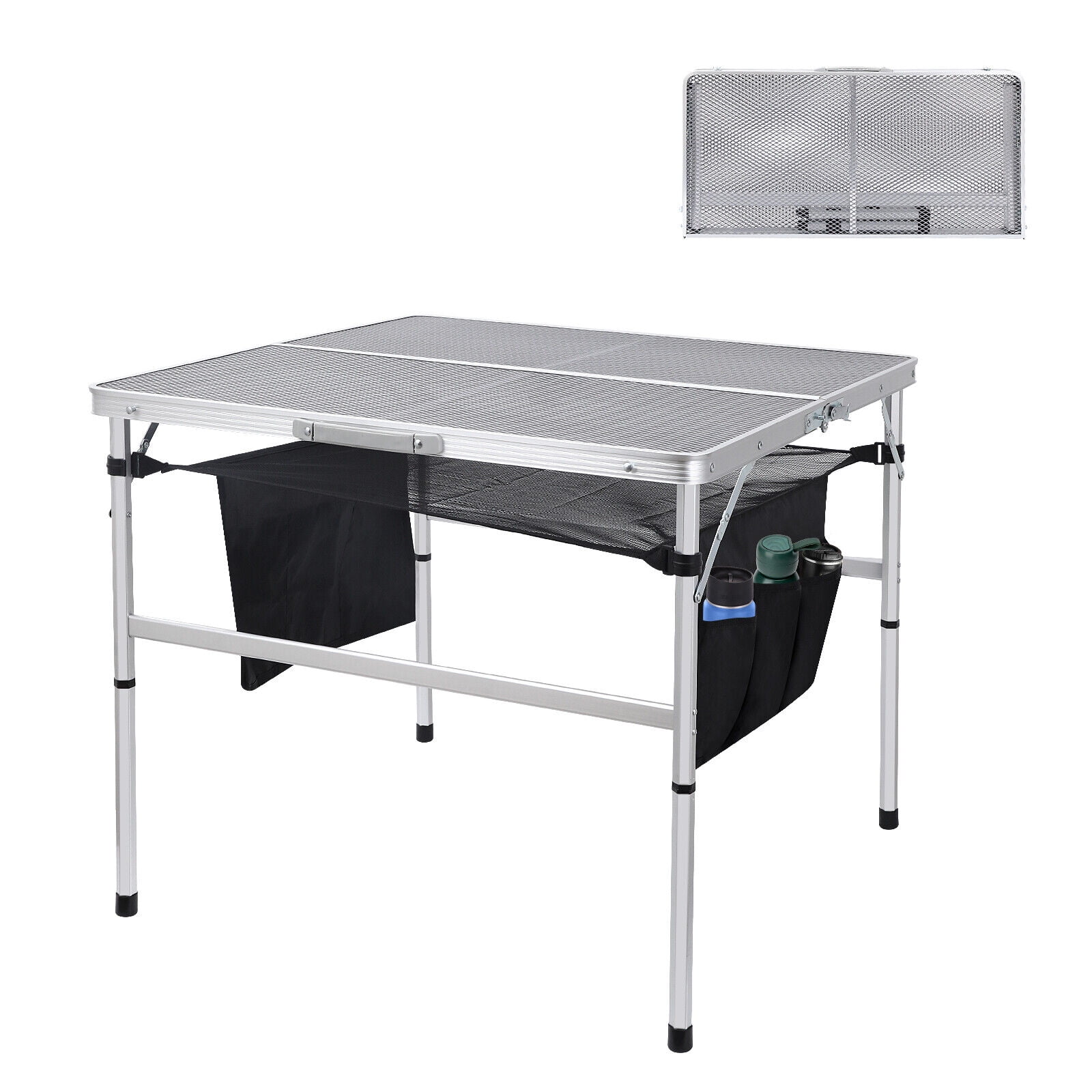 31.5" Silver Steel Folding Camping Table with Mesh Storage