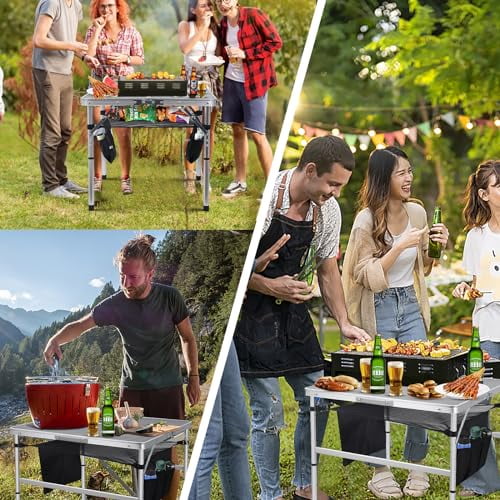 Nice C Square Table for Grill, Folding Table, Camping Table, Outdoor Table, Card Table, Height Adjustable, Mesh Bag Lightweight, Carry Handle, Aluminum (23.6"x23.6" White)