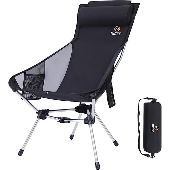 Nice C Ultralight High Back Folding Camping Chair, Backpacking Chair, Compact & Heavy Duty Outdoor, Travel, Picnic, Festival with 2 Side Pockets, Pillow &Carry Bag (Set of 1 Black)