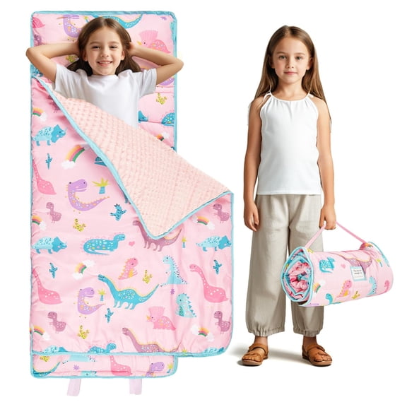 Nice Choice Toddler Nap Mat with Pillow and Blanket,Extra Large Rolled Napping Mats,Slumber Bags for Boys Girls,Kids Sleeping Bag for Daycare,Preschool Travel Camping(Pink Dinosaur)
