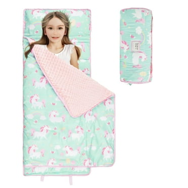 Nice Choice Toddler Nap Mat with Pillow and Blanket,Extra Large Rolled Napping Mats,Slumber Bags for Boys Girls,Kids Sleeping Bag for Daycare,Preschool Travel Camping(Green Unicorn)