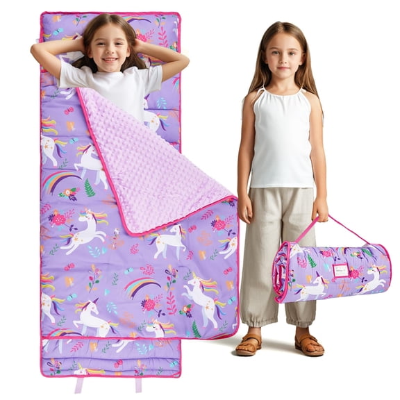 Nice Choice Toddler Nap Mat with Pillow and Blanket,Extra Large Rolled Napping Mats,Slumber Bags for Boys Girls,Kids Sleeping Bag for Daycare,Preschool Travel Camping(Purple Unicorn)