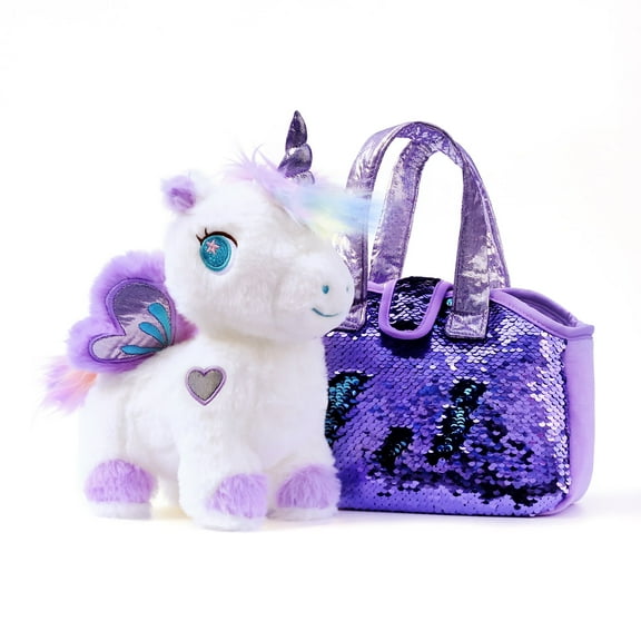 Nice Choice Unicorn Plush Reversible Sequin Pet Carrier Handbag,Sparkle Soft Stuffed Animal Carrier Toy Purse for Little Girls(Purple Unicorn)