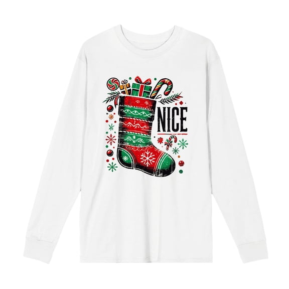 Nice Christmas Stocking Adult White Crew Neck Long Sleeve Tee-XL