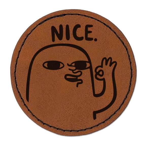 Nice Compliment Funny Face Ok Hand Sign Round Iron-On Engraved Faux Leather Patch Applique - 2.5 Inch - Brown