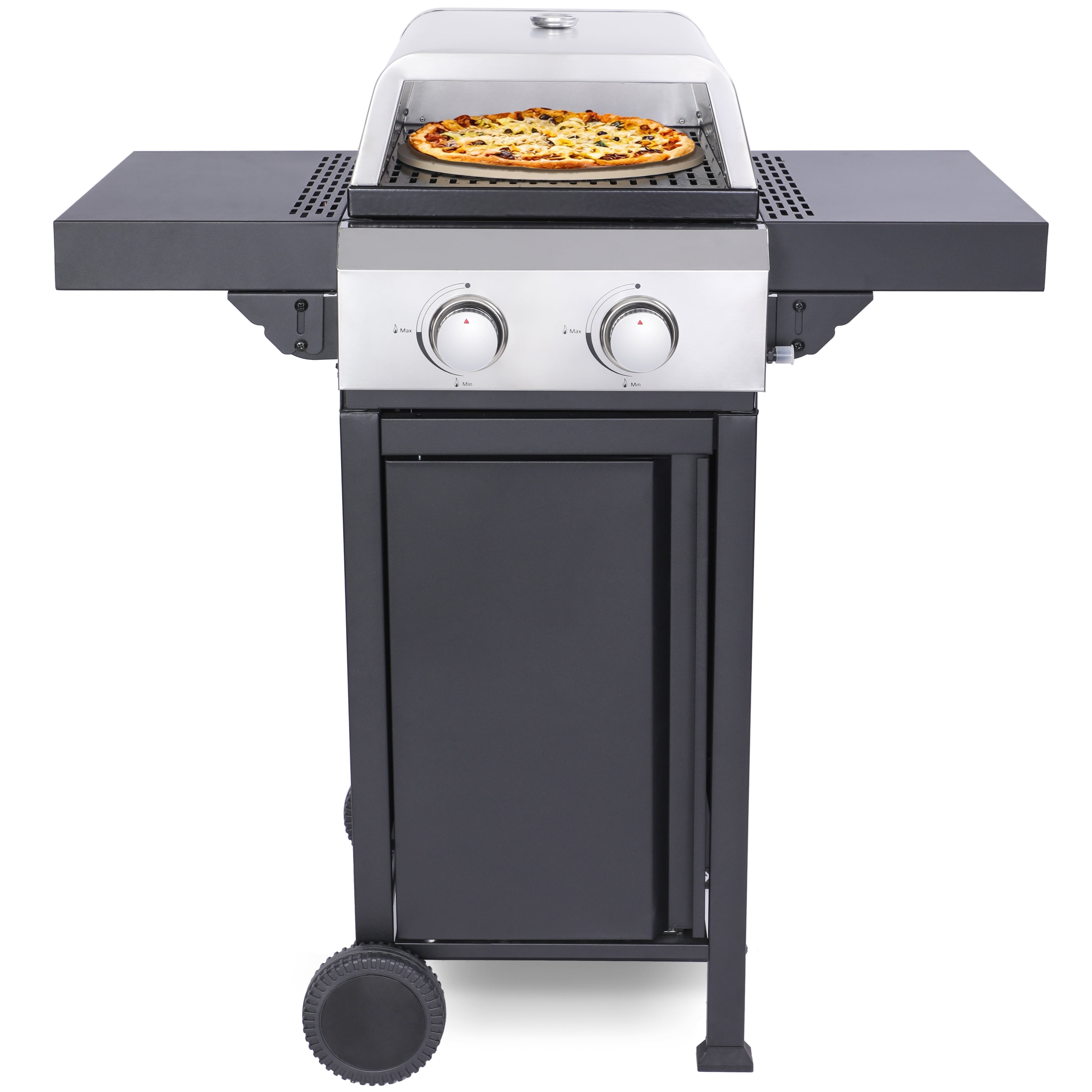 Nice Cooker 2-Burner Propane Gas BBQ & Pizza Oven 12" Pizza Maker 2-in-1 Grill with Pizza Stone, 24600 BTU Output,Cast Iron Grids Outdoor Pizza Maker