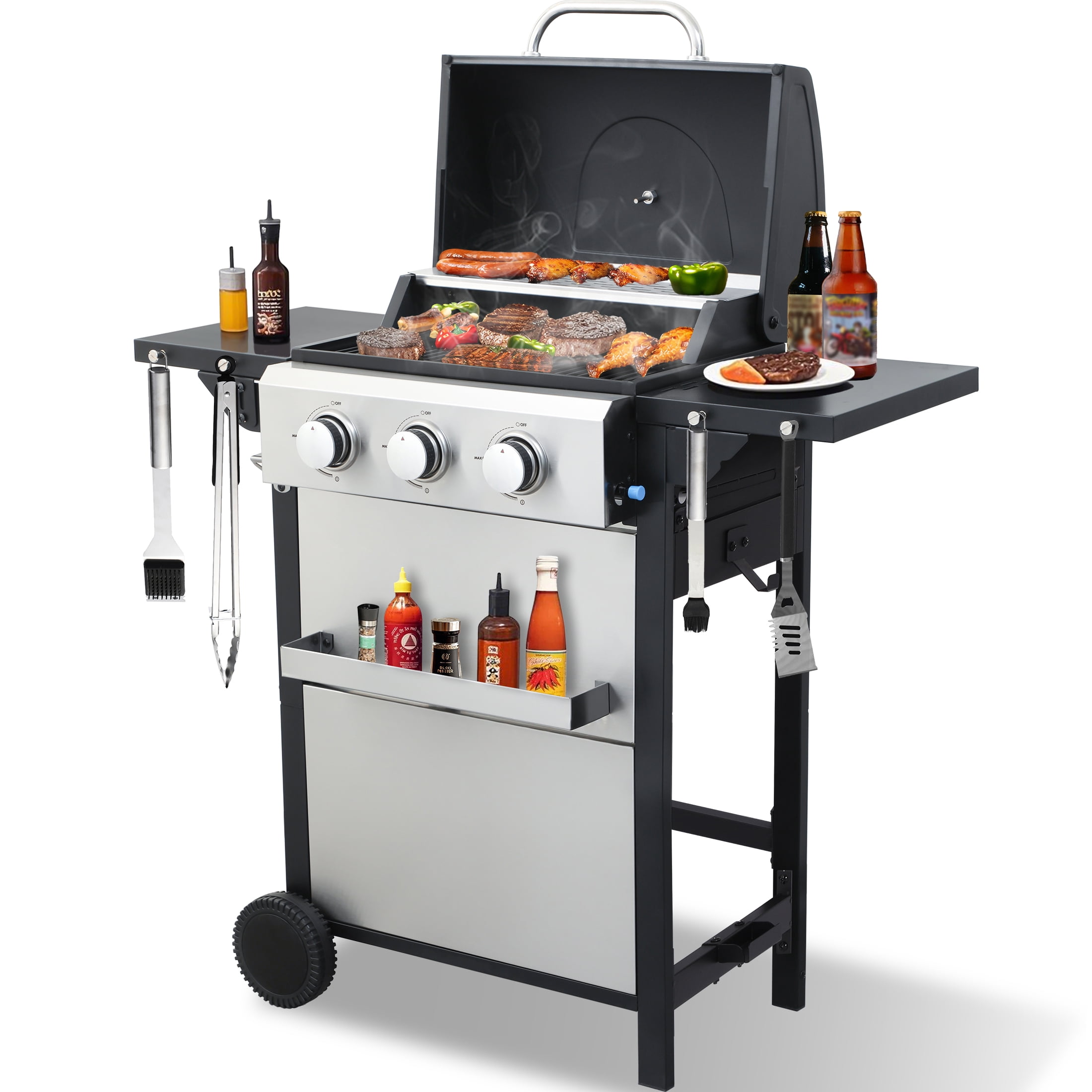 Nice Cooker 3-Burner Propane Gas Grill with 2 Foldable Side Tables, 25650 BTU Outdoor BBQ Grill with Porcelain-Enameled Grates, Built-in Thermometer
