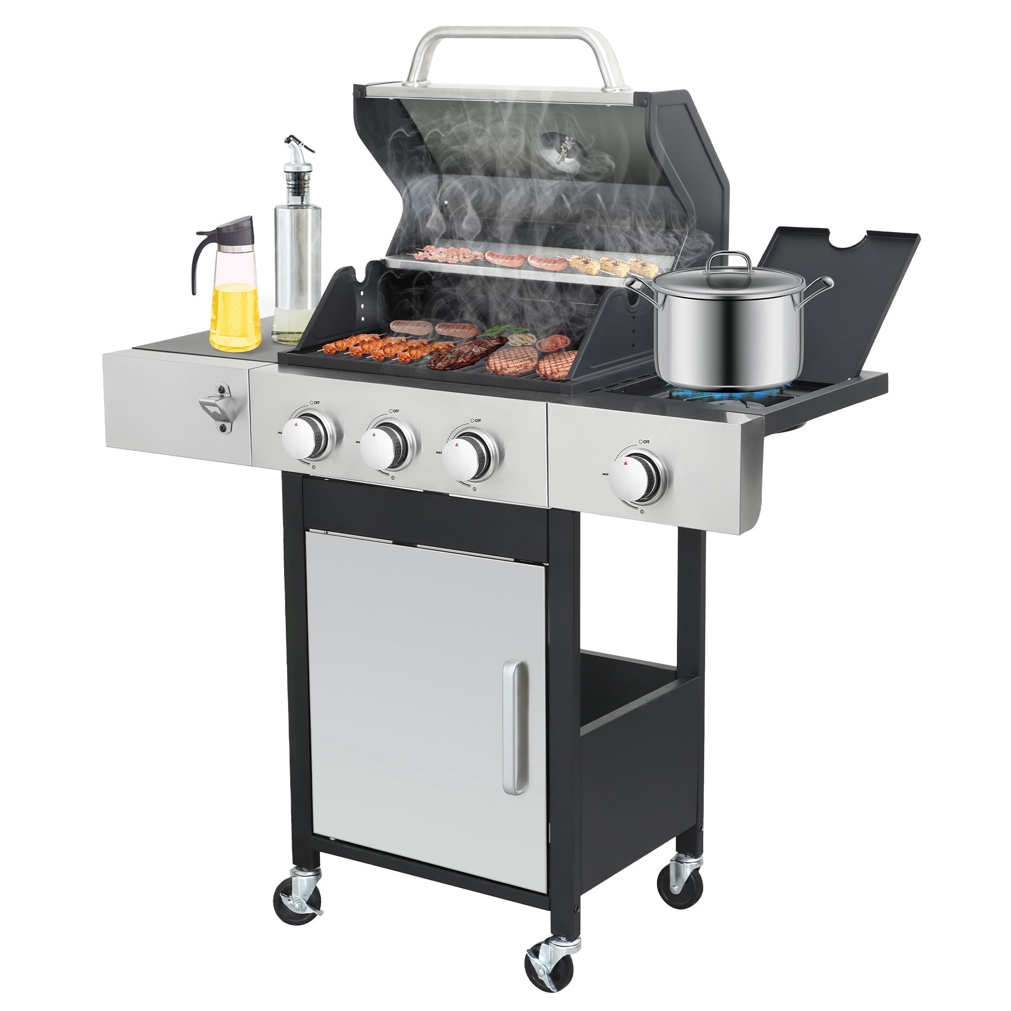Nice Cooker 3-Burner Propane Gas Grill with Side Burner, Cast Iron Grates, Double Layer Lid
