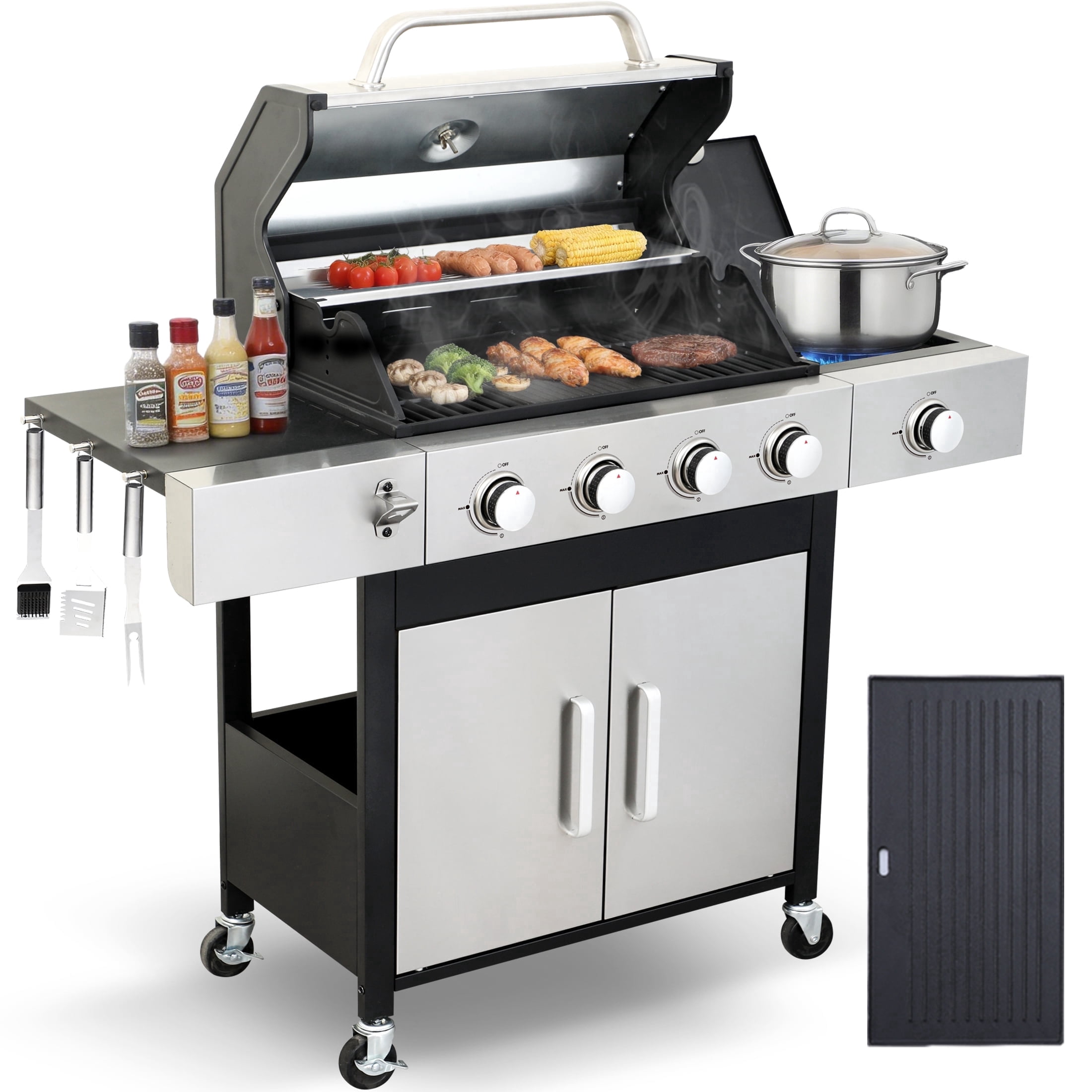 Nice Cooker, 4-Burner Propane Gas Grill, Silver, W Side Burner ...