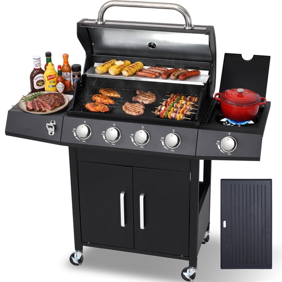 Nice Cooker 4-Burner Propane Gas Grill and Griddle Combo with Side Burner, Cast Iron Grates & Griddle, Double-Wall Insulated Lid