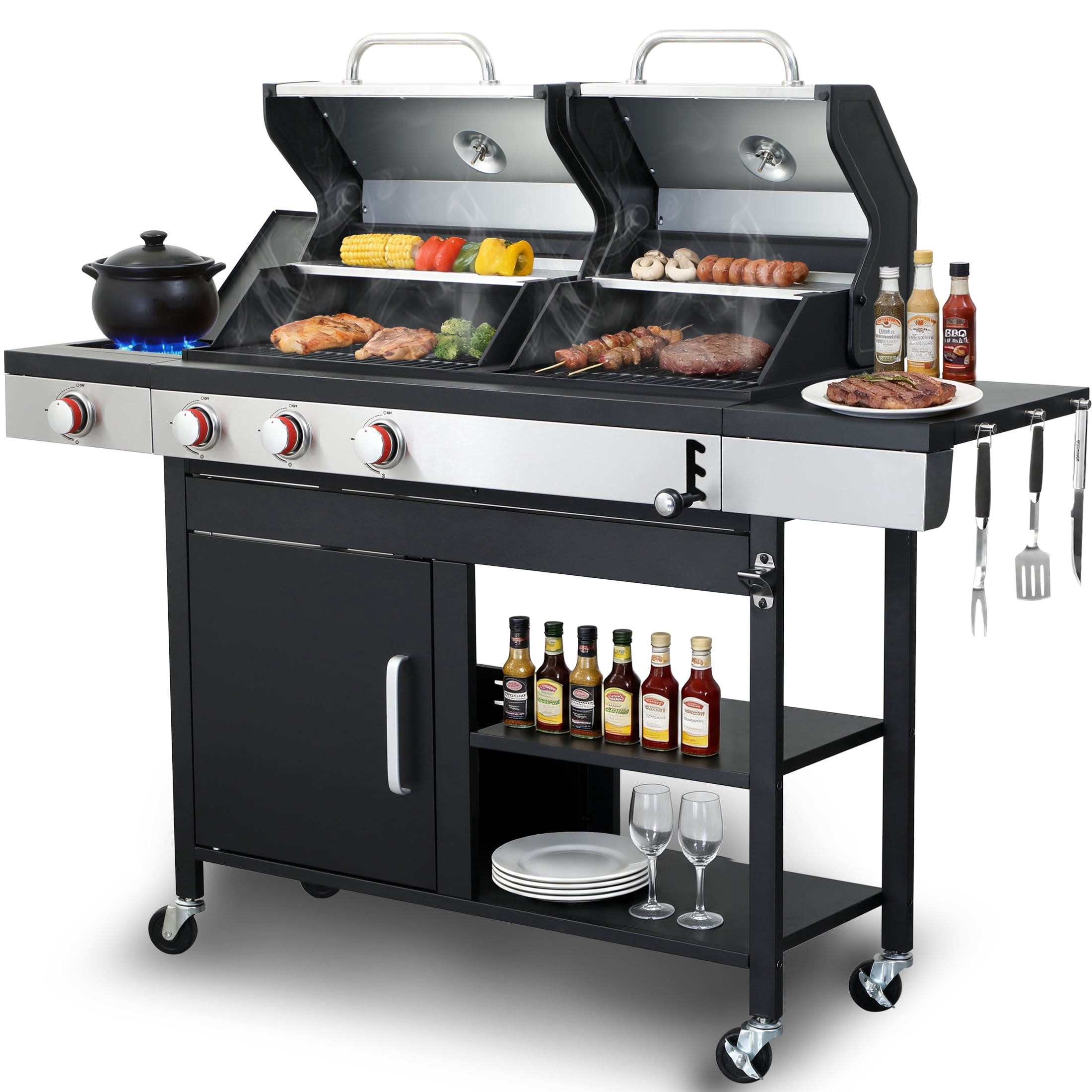 Nice Cooker Charcoal and Gas Grill Combo with Side Burner, 3-Burner Propane Grill and Griddle Combo with Cast Iron Grates and Double-Wall Insulated Lid