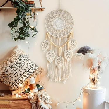 Nice Dream Boho Dream Catchers Wall Decor, Macrame Dream Catcher with 5 Woven Leaves Wood Beads Tassels for Bedroom Decor