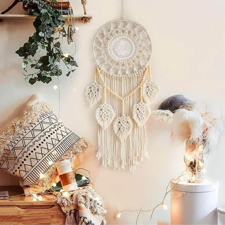 Nice Dream Boho Dream Catchers Wall Decor, Macrame Dream Catcher with 5 Woven Leaves Wood Beads Tassels for Bedroom Decor