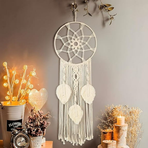Nice Dream Macrame Wall Hanging Dream Catchers for Bedroom, Boho Wall Decor Large Dream Catcher Wall Tapestry with 3 Woven Leaves Tassels