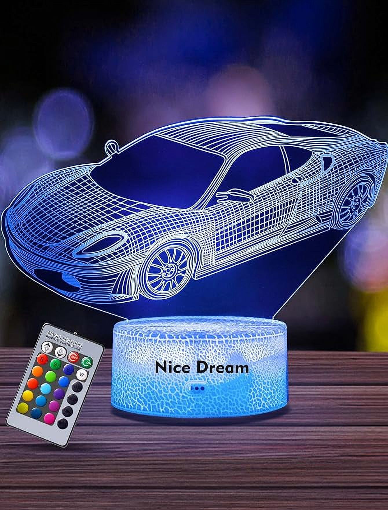 Nice Dream Race Car Night Light for Kids, 3D Illusion Lamp, 16 Colors