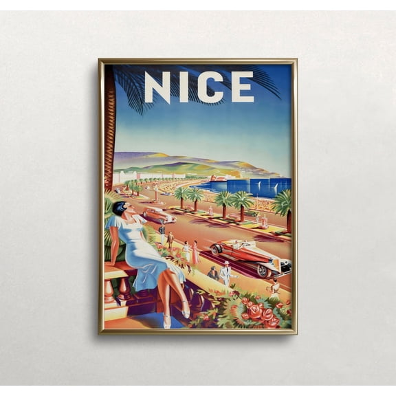 Nice France Vintage Travel Poster Art Deco Style Colorful Coastal Wall Art Print Size 24x36 Unframed Poster