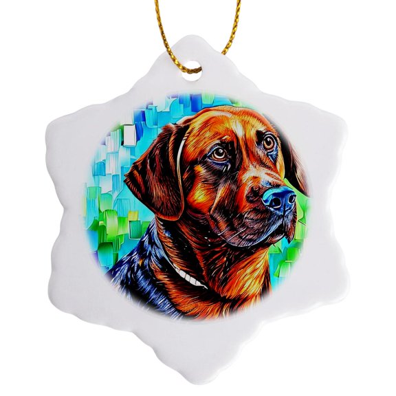 3drose, Nice Labrador Retriever Dog on Green and Blue Digital Art Gift, 3 inch Snowflake Porcelain Ornament