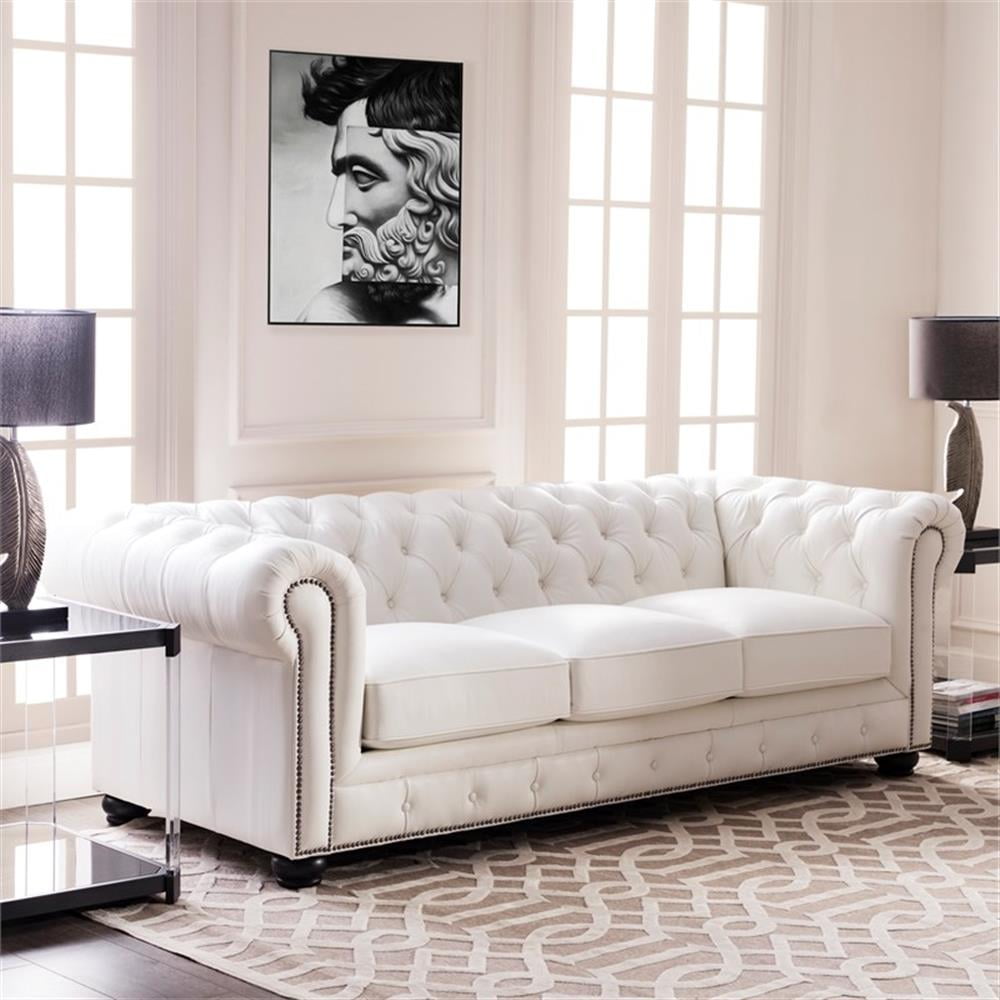 White Leather Tufted Chesterfield Sofa with Nailhead Trim