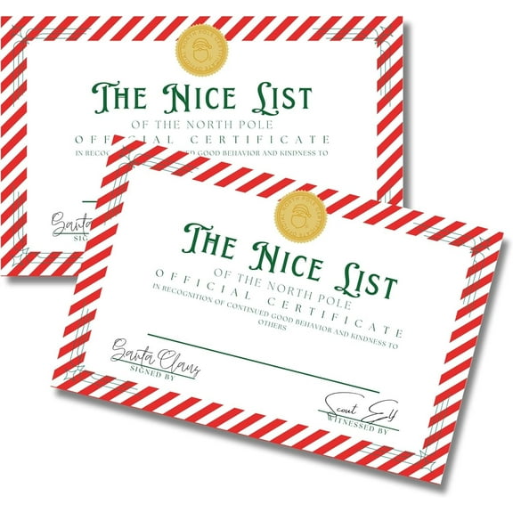 Nice List Official Certificate 25pk 5.5 x 8.5 Size Christmas Holiday Naughty or Nice North Pole Mail Santa Cam Official Nice List Certificate from Santa on Cardstock