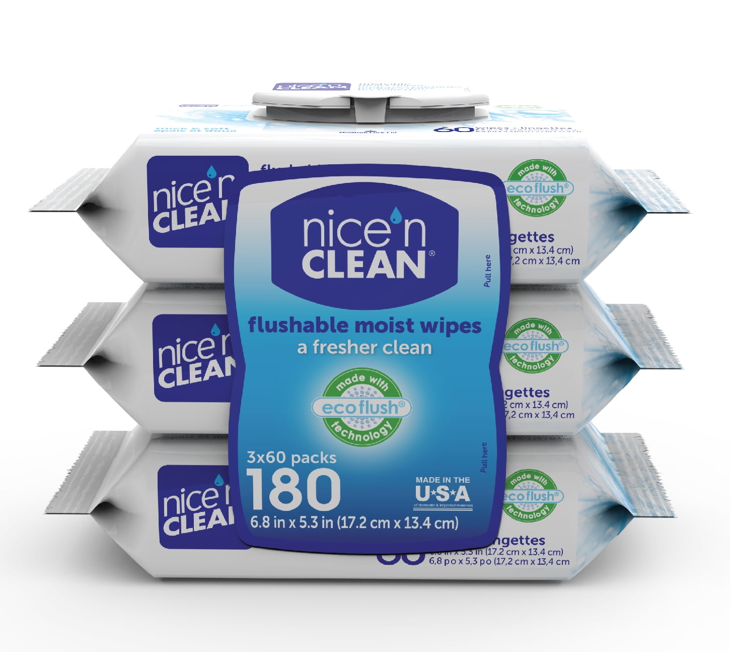 NICE 'N CLEAN Nice N Clean Plant-Based Flushable Wet Wipes, 3 Flip-Top Packs (180 Total Wipes)