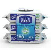 Nice N Clean Plant-Based Flushable Wet Wipes, 3 Flip-Top Packs 180 Total Wipes