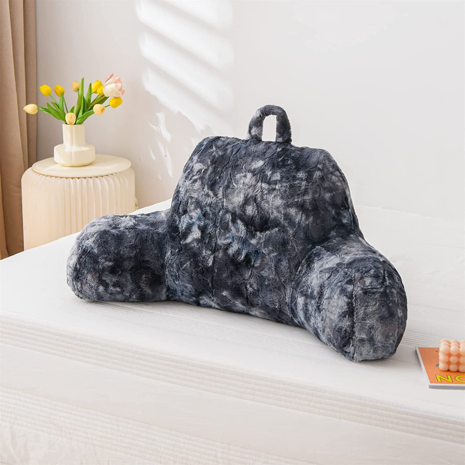 A Nice Night Faux Fur Reading Pillow Bed Wedge Large Adult Children Backrest Arms Back Support Sitting Bed Couch Bedrest Tie Dyed Gray