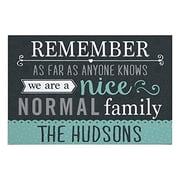Personalized Planet Remember as Far as Anyone Knows We are a Nice Normal Family Doormat with Custom Family Name Printed on Rectangular 1 8 Thick Non Slip Mat for Kitchen Hallway Deck or Porch 27x18