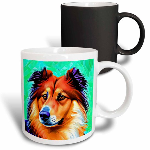 3drose, Nice Rough Collie Dog Portrait on Green. Digital Art Gifts for Family, 11oz Magic Transforming Mug