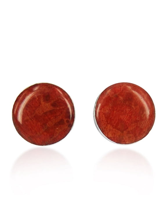 Nice Round Synthetic Coral .925 Sterling Silver Post Red Earrings
