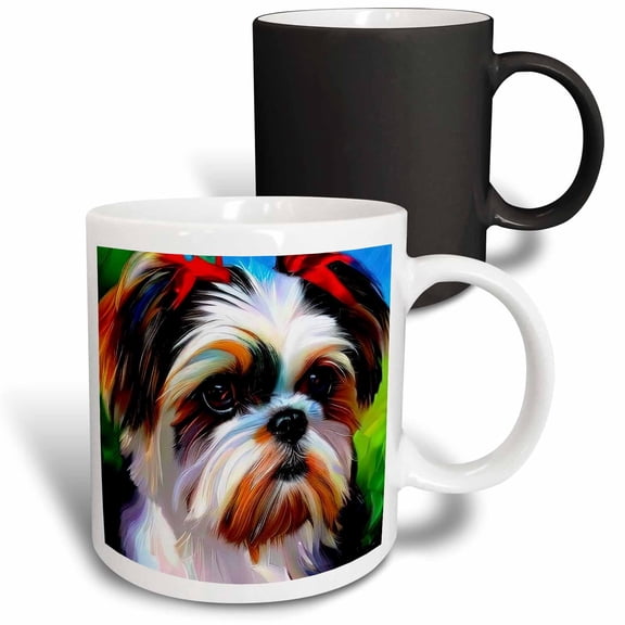 3drose, Nice Shih Tzu Dog Portrait on Green and Blue. Digital Art Gifts for Family, 11oz Magic Transforming Mug